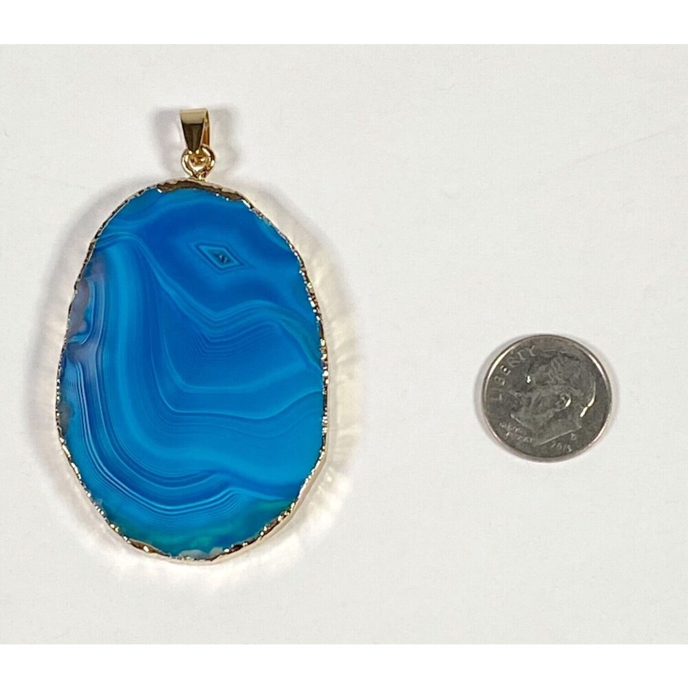 Glass Agate Stone Slice Pendant Blue Gold Tone Statement 2" Large Swirled Charm
